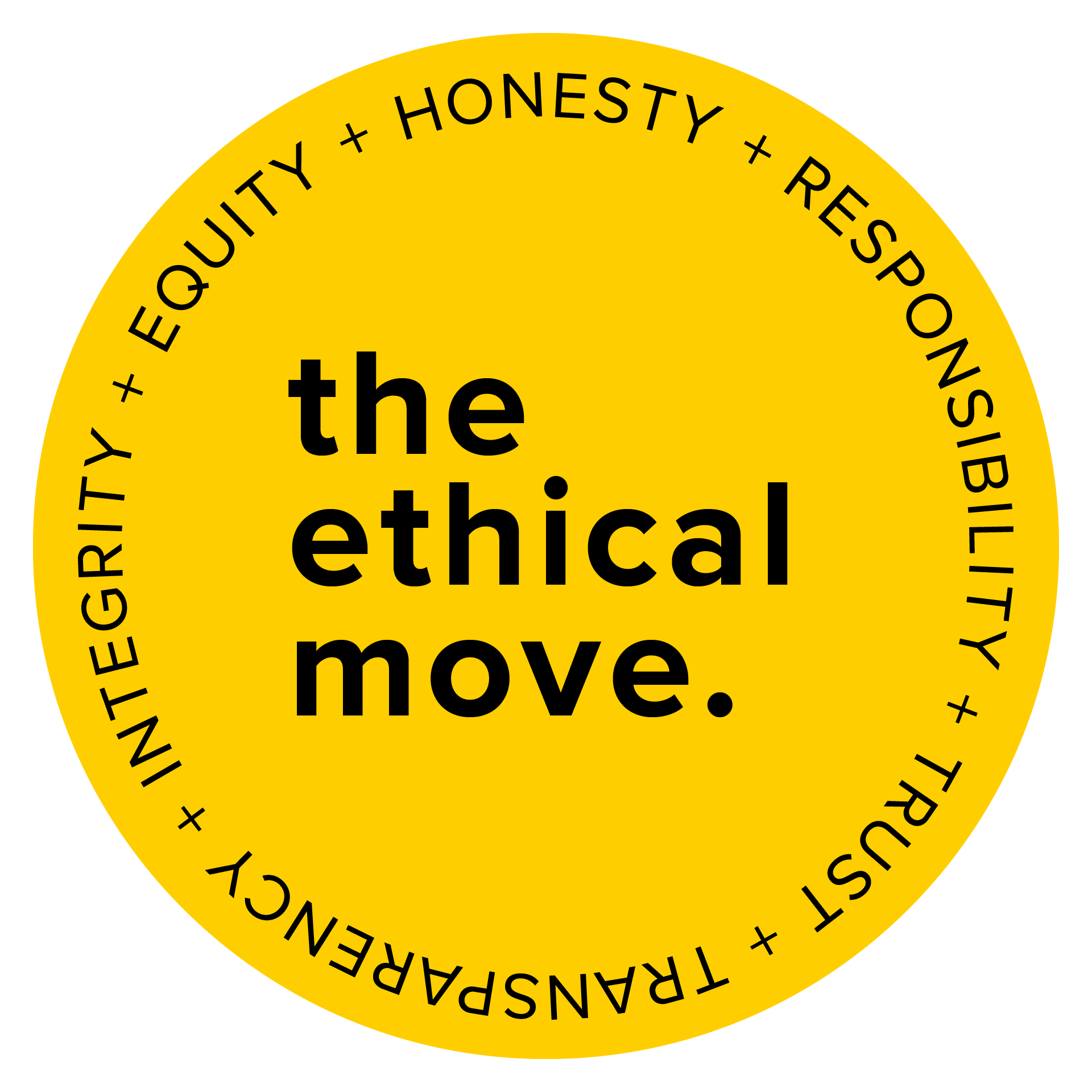 The Ethical Move logo in [ie: white on black] (with values in a circle outline: Honesty, Responsibility, Trust, Transparency, Integrity, Equity).
